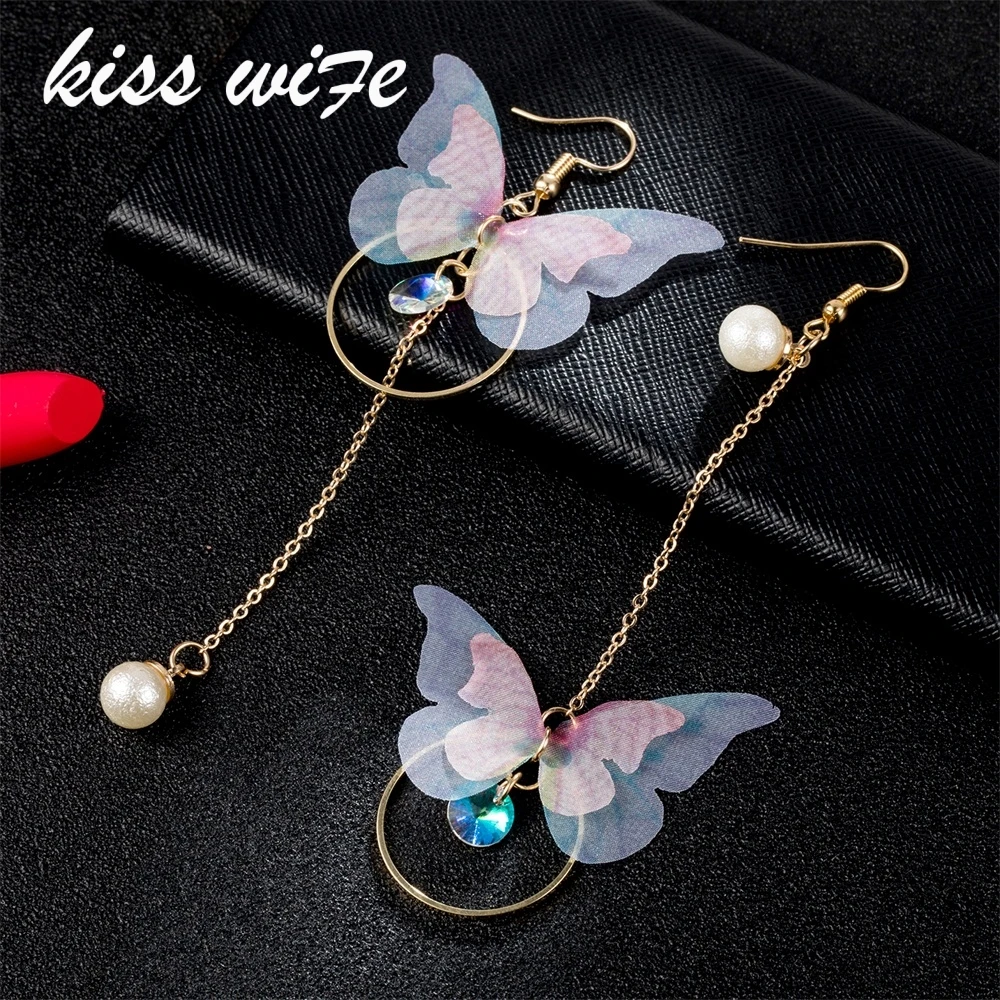 

KISSWIFE New listing Asymmetric butterfly imitation Pearl alloy Dangle Earrings long section of the wings and Earings Jewelry
