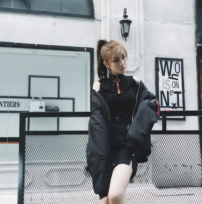 Black Open Shoulder High Collar Long-Sleeved Shirt Women Quarter Zipper Contrast Color Collar Tops Female  Chic Slim Streetwear5