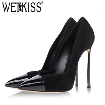 

WETKISS Stiletto Heels Women Pumps Flock Pointed Toe Shoes Stitching Slip On Footwear New Fashion Female Party Shoes Autumn 2018