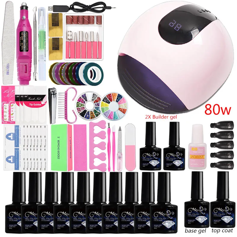 

36w/48w/80w Led Uv Lamp Acrylic Nail Kit Professional Set 10 Color Gel Nail Polish Manicure Tools Builder Gel Polish Tools Kit