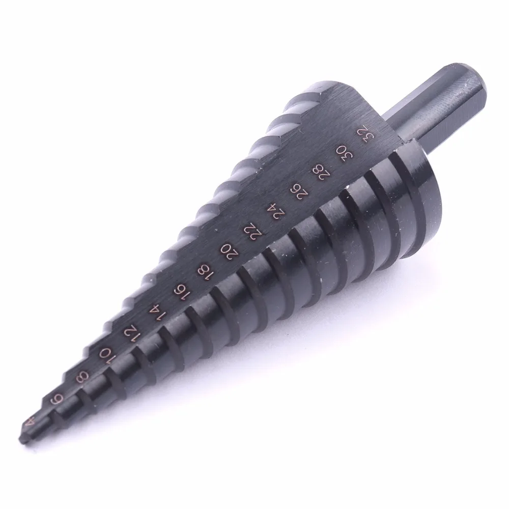 

1PCS 4-32MM HSS Nitriding Black Straight Groove Step Drill Bit Triangle Round Shank Power Tools Step Cone Drill Bit