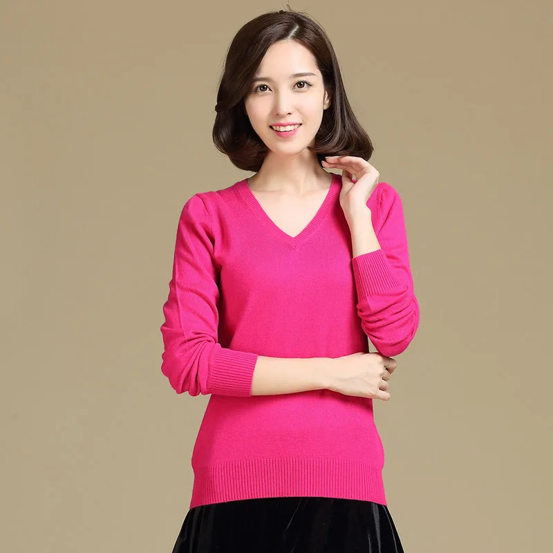 Hot Sale Fashion Spring Autumn Winter Cashmere Wool The Knitted Solid Sweater Women 2015 Woman V-neck Long Sleeve S-XXXL size