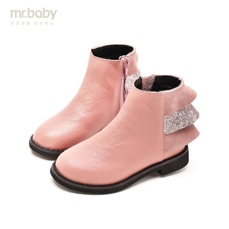 

Mr.baby Original kids shoes 2018 New Spring and Autumn Shining Temperament Princess Short boots Girls Leather boots
