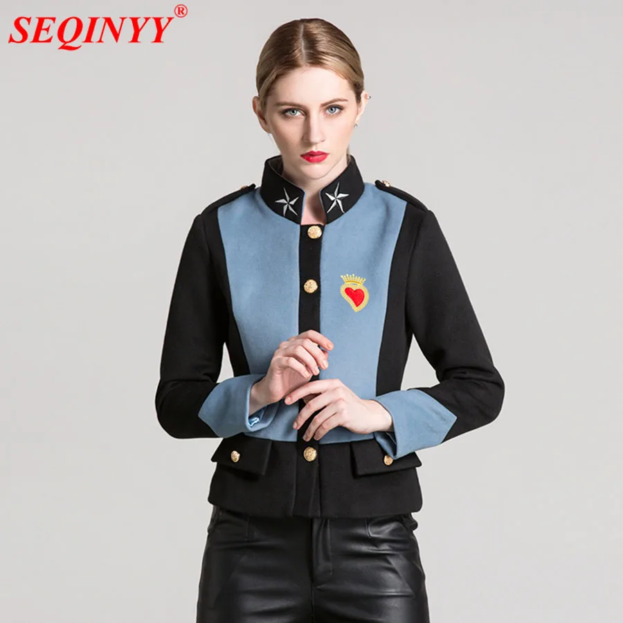 

Thick Jacket Retro Wool Slim 2017 Autumn High End Contrast Color Blue Black Star Embroidery Runway Winter Jacket For Women