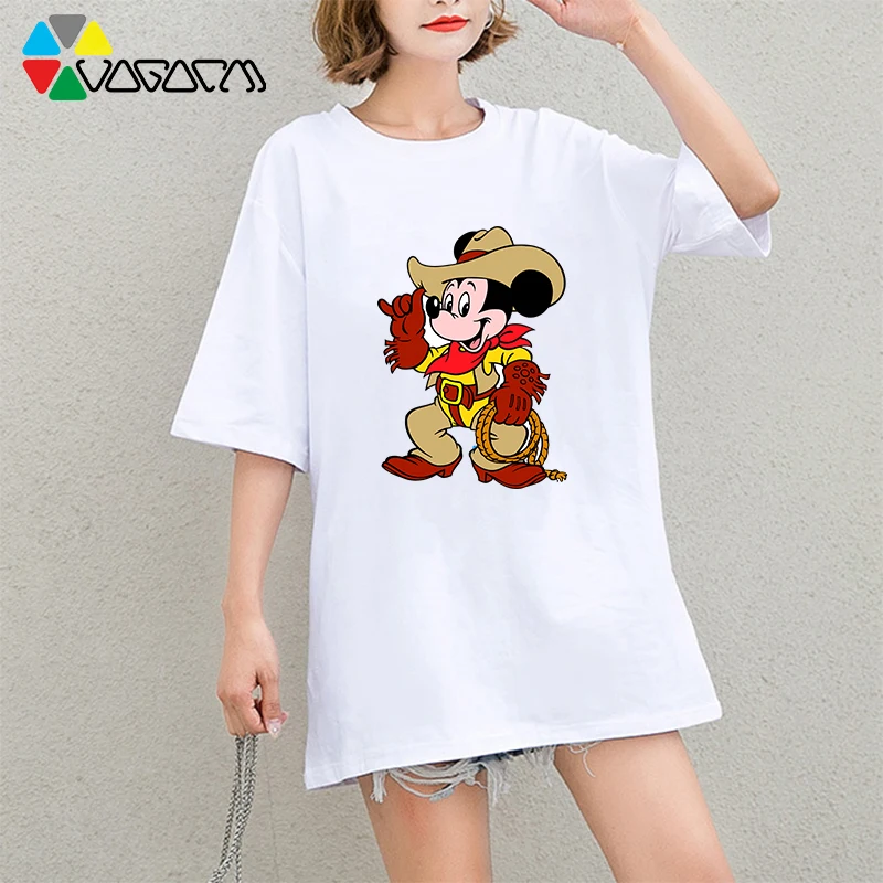 

New Mickey Mouse Women Cartoon Print T-shirts Harajuku Loose Short Sleeve T Shirt Femme Party Club Plus Size Minnie Tee Mickey