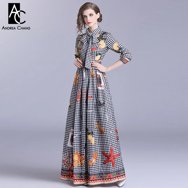 

M-XXL spring summer woman dress cartoon pattern print black white plaid pattern dress with belt fashion casual long dress