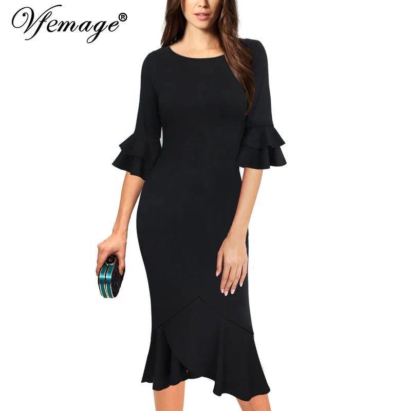 

Vfemage Womens Elegant Asymmetric Ruffle Hem 3/4 Flare Bell Sleeves Formal Party Cocktail Bodycon Mermaid Midi Sheath Dress 9008