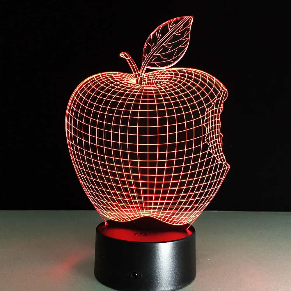 3D Визуальный светодиодный ночник в форме яблока, акриловый 7 цветов, светильник для стереозвука, голограмма, лампа для украшения дома