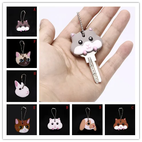 13 Styles Lovely Animals Shape Silicone Cap Head Cover Key Ring Keychain Key Case Shell Cute Jewelry Gift New Arrival