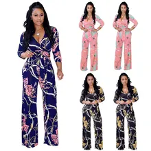 Summer New Style Fashion Casual Women V Neck Loose Playsuit Party Romper Long Sleeve Jumpsuit Floral