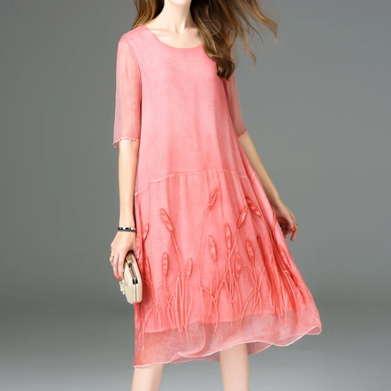Real Silk Embroidered Dress Women's A Line Dresses Summer Pink Dress