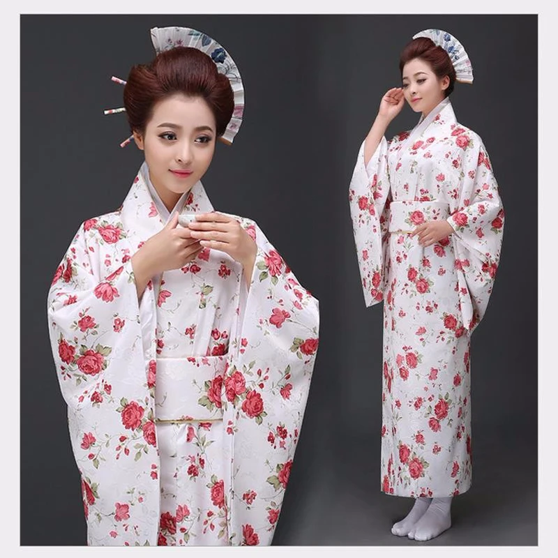 White Novelty Japanese Lady Cotton Kimono Gown Traditional Yukata With Obi Evening Dress Stage
