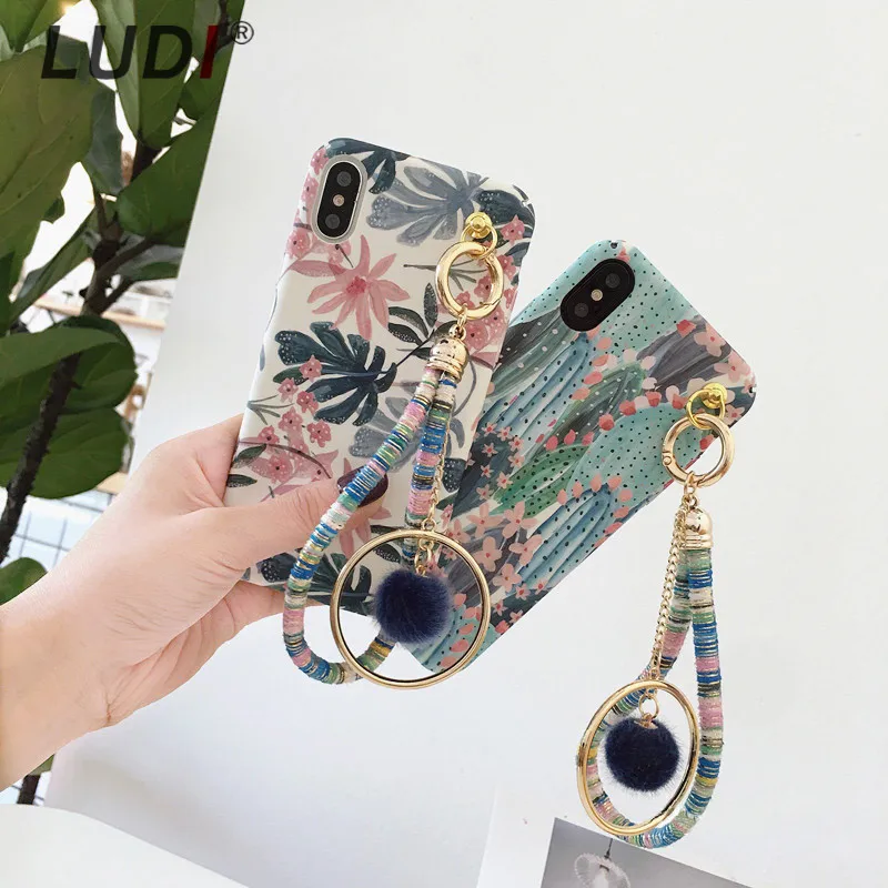 Луди цветы и листья с меховым шаром ремешок чехол для iPhone X 8 7 7plus жесткая задняя