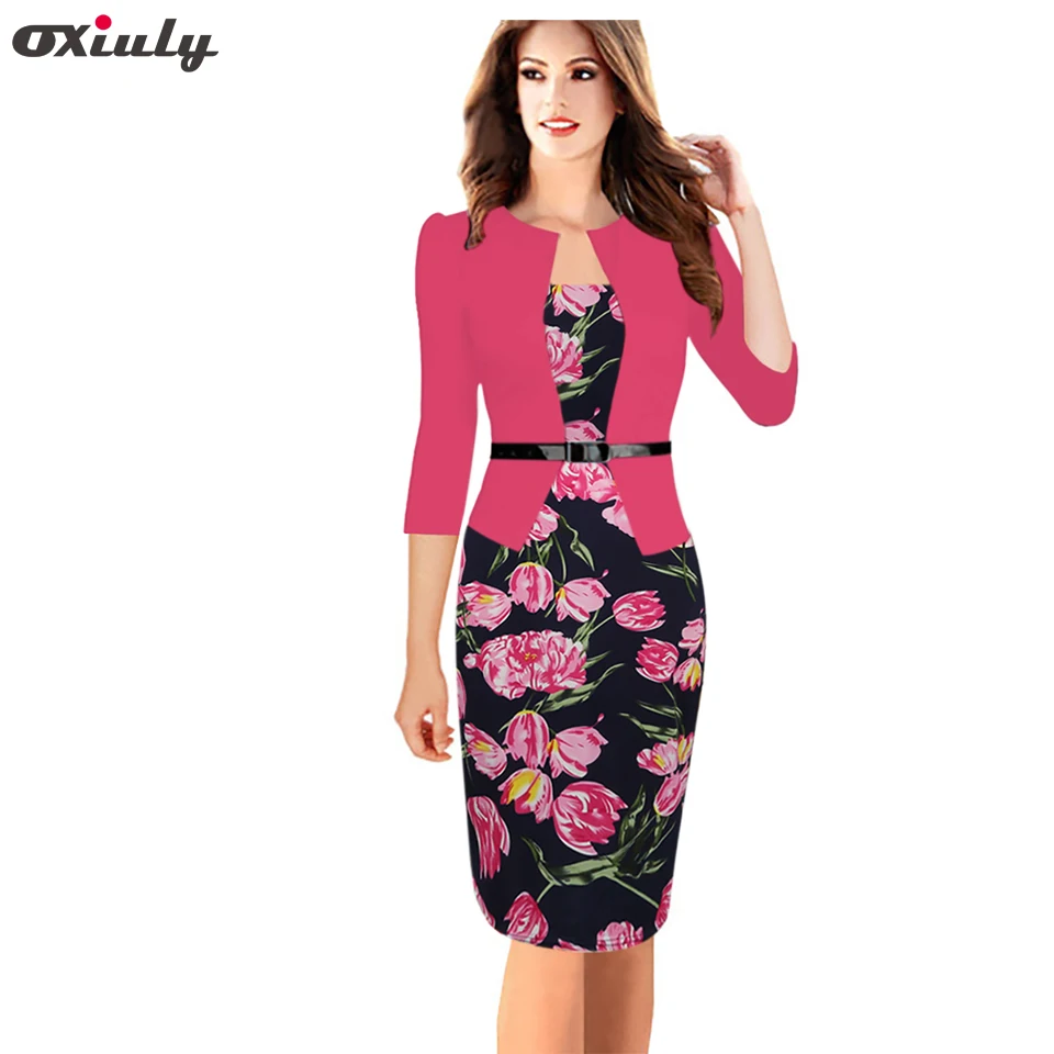 

Oxiuly One-piece Faux Jacket Flower Print Work dress Office Bodycon Female 3/4 Sleeve Sheath Bodycon Dress Vestidos