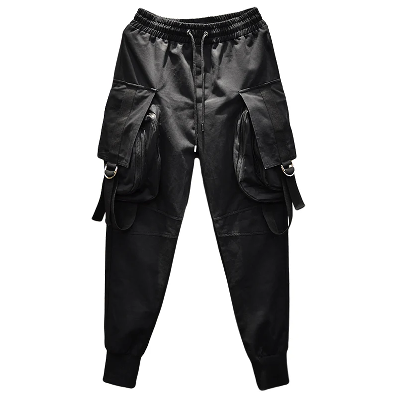 Осень зима мужские ленты большой карман уличный стиль хип хоп мужские брюки-карго черные беговые брюки в повседневном стиле шаровары в стиле хип-хоп брюки спортивные брюки