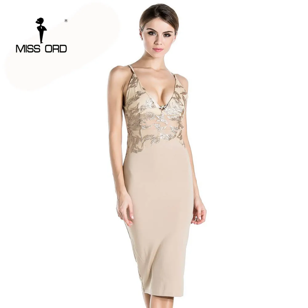 

Free Shipping Missord 2019 Sexy v-neck sleeveless halter sequin dress FT3560