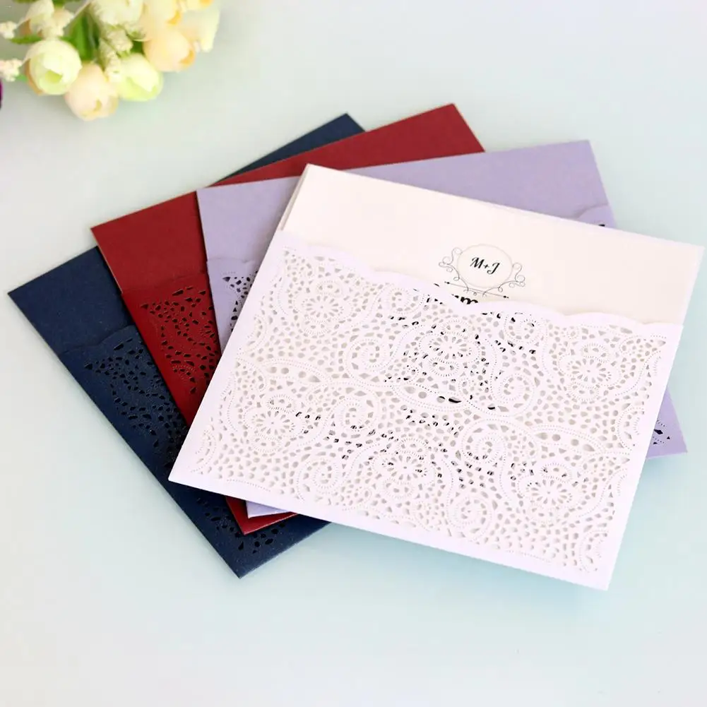 

10pcs/lot Lace Pocket Wedding Invitations Cards Square Laser Cut Flower Greeting Card Invitations Card Event Party Supplies