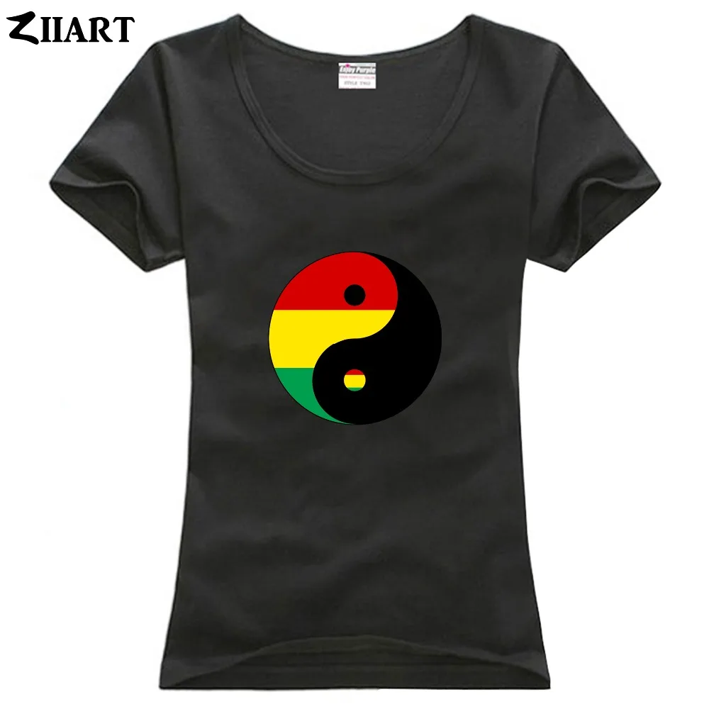 

Yin yang bagua Chinese philosophy reggae Regge Rasta red yellow green girl woman female o-neck cotton short-sleeve T-shirt