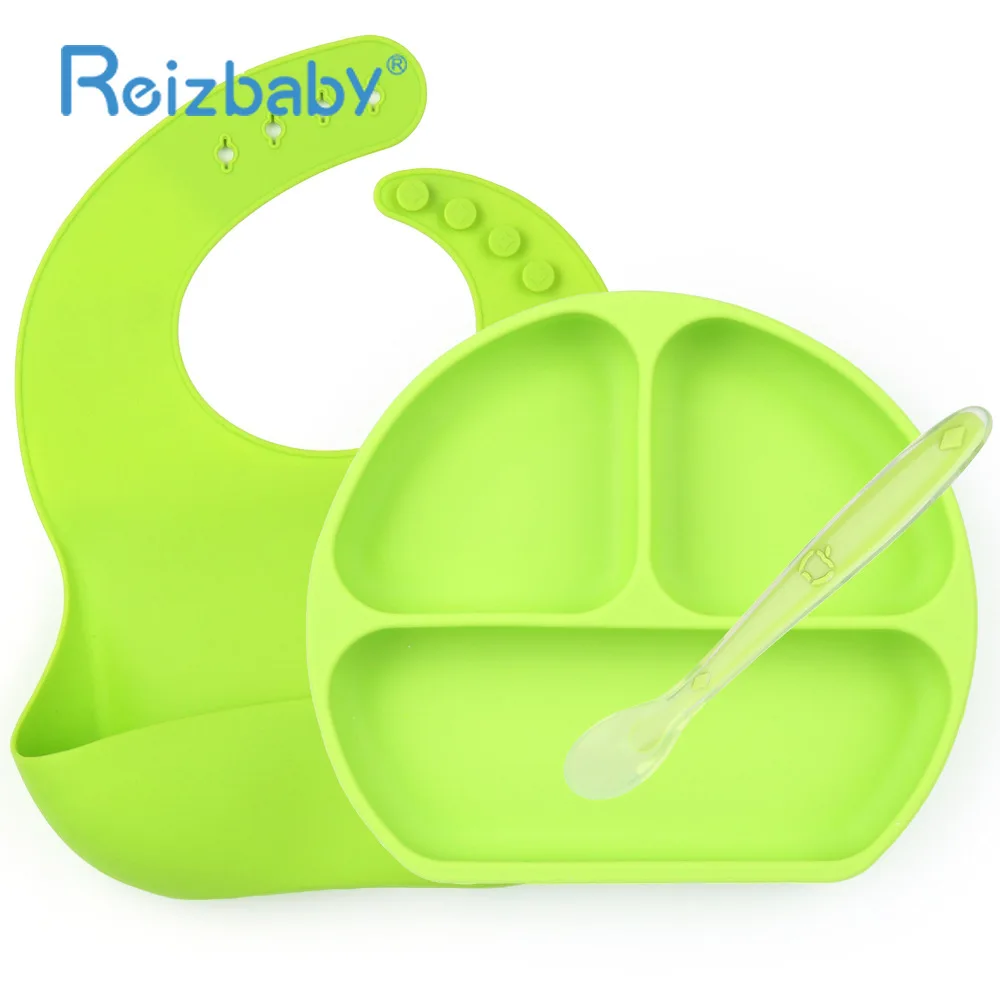 

REIZBABY 3 PCS Baby Feeding Bib Bowl Spoon Set Safety Silicone Toddler Kids Eating Tableware Soft Children Divided Plate Set