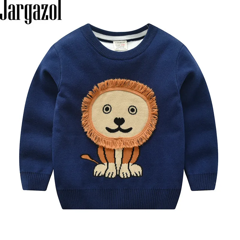 

Jargazol Sweater Winter Cartoon Lion Embroidery Jacquard Weave Boys Sweaters Casual Toddler Kids Clothes Cat Horse Embroidery