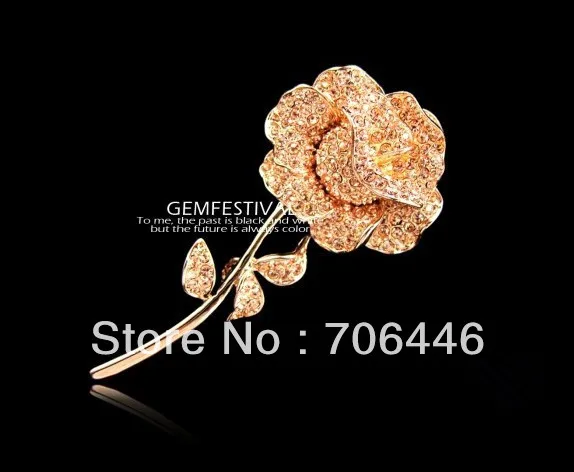 

Sparkly-Gold Champagne Rhinestone Crystal Diamante Rose Flower Bouquet Brooch for wedding