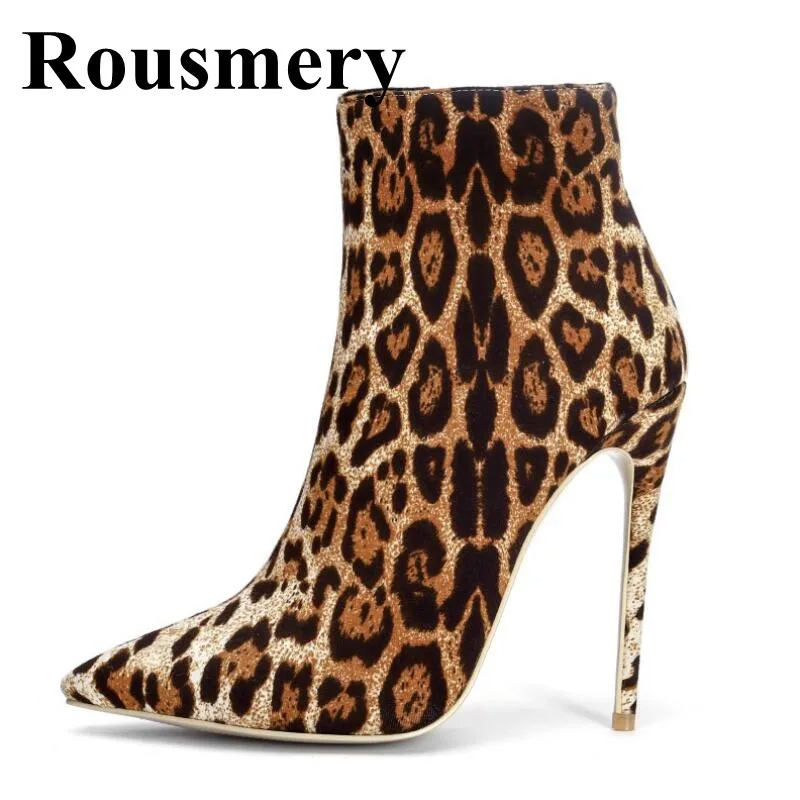 

Hottest Leopard Fashion Flock Sexy Pointed Toe And 12CM High Heel Side Zipper Ankle Shoes Winter Women Boots Top