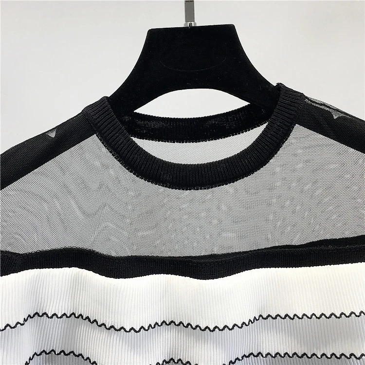 summer new thin pleated mesh stitching thin section knitted ice silk short-sleeved T-shirt