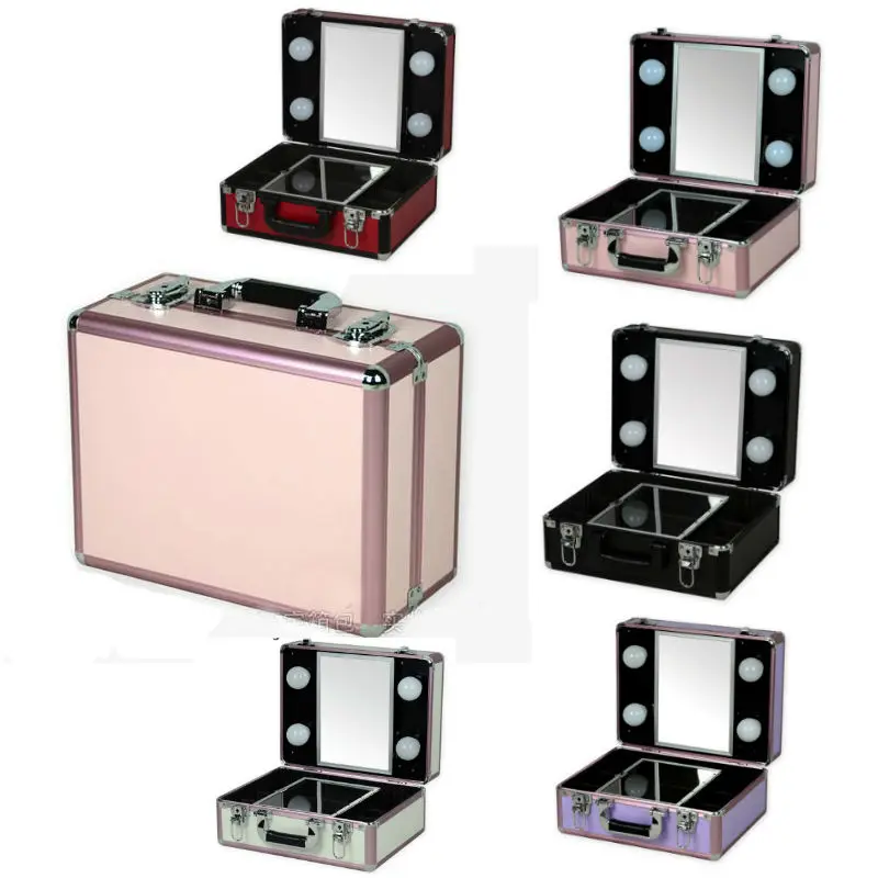 Aluminum Lighted Makeup Box Portable Beauty Case with 4 Bulbs LED