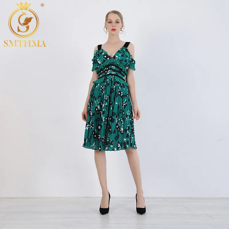 

SMTHMA New arrival High quality Self Portrait Runway Dress Summer Green flower print women dress Size S -XXL