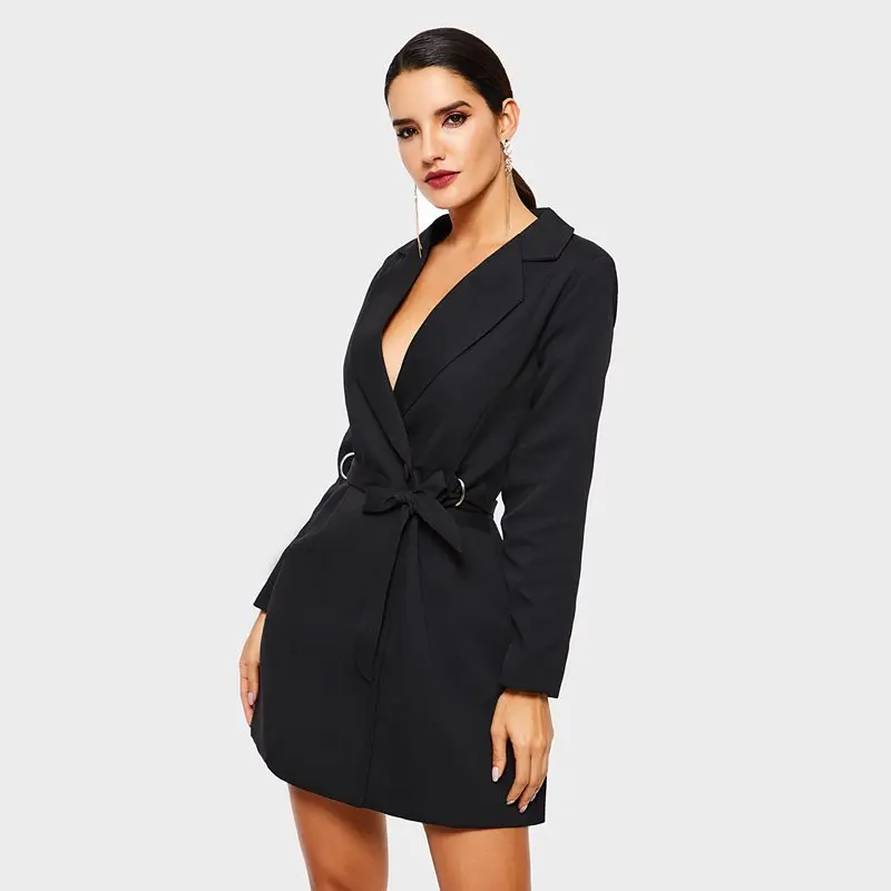 Office White Blazer Women 2019 Formal Long Outwear Ladies Tops Elegant Black Sexy Lace Up Autumn Overcoat Business Female Coat