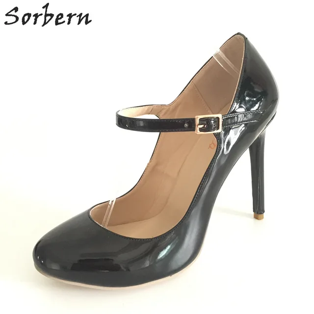 Sorbern New Black Patent Leather Round Toe Mary Janes Thin High Heels