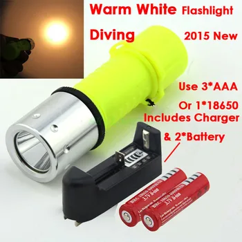

2015 New Waterproof XM-L T6 2000LM Warm White Light Yellow LED Diving Flashlight & Charger & 2*Batteries Free Shipping
