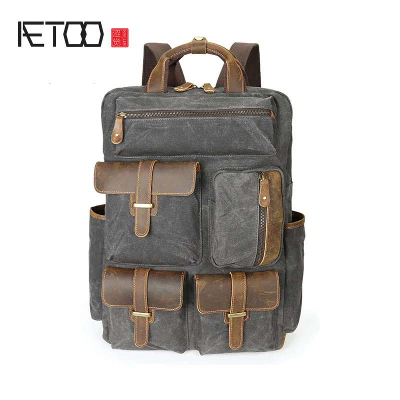 

AETOO Oil wax canvas bag backpack men travel retro canvas bag large men bag
