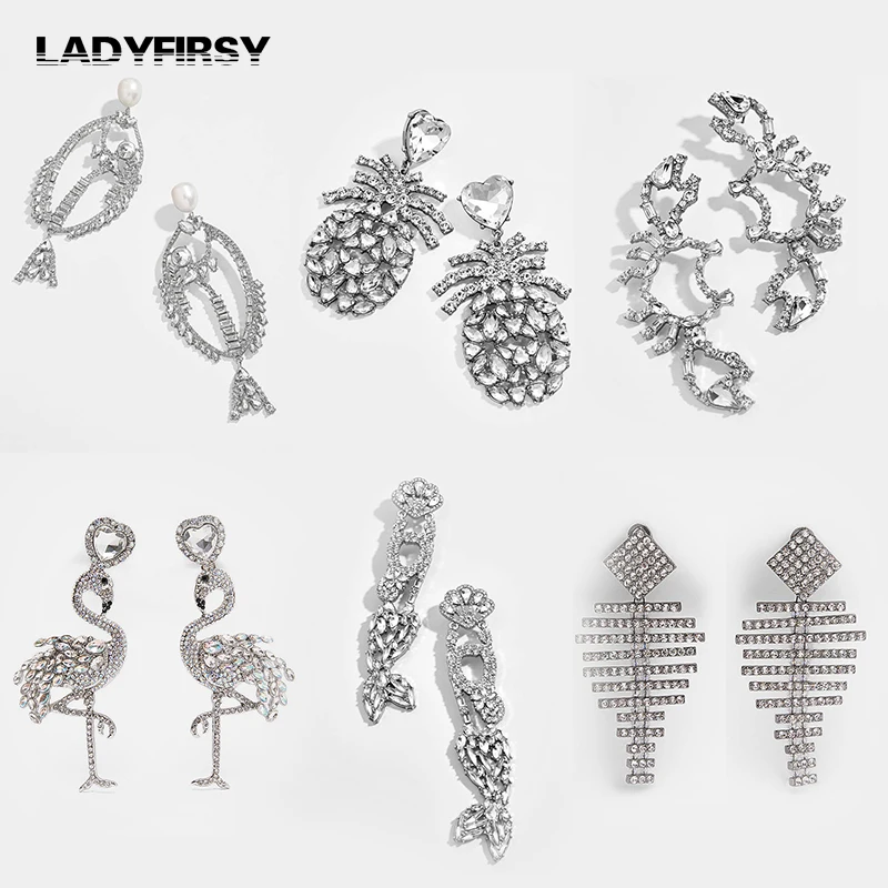 

Ladyfirsy Trendy Fruit Fish Dangle Drop Earrings for Wedding Party New Statement Silver Crystal Stone Dangle Earrings Women Gift