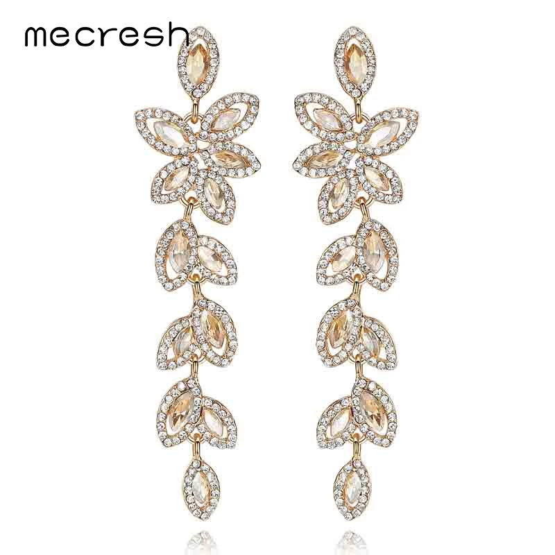 

Mecresh Champagne Crystal Bridal Earrings for Women Vivid Leaves Party Long Brincos Wedding Jewelry Christmas Gift EH282