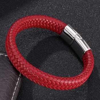

New Chic Braided Men Bracelet Red Leather Bracelet Titanium Steel Clasp Male Jewelry Black / Gold / Silver Color Buckle S0015