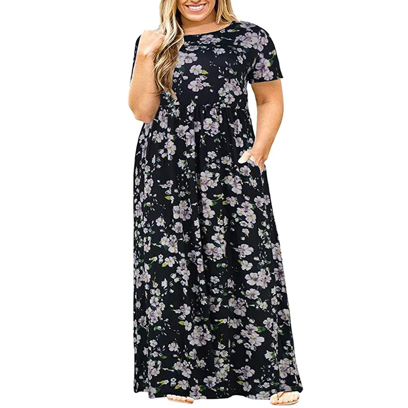 

B Plus size Summer Dress Women Fashion Long Style Casual Flower Printed Round Collar Short Sleeve Floor-Length Dress vestido