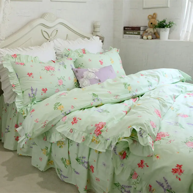 

Green Flower Print Bedding Set Winkle Ruffle Duvet Cover Elegant Bed Skirt Bedspread Princess Bed Clothes Full Cotton Bedding