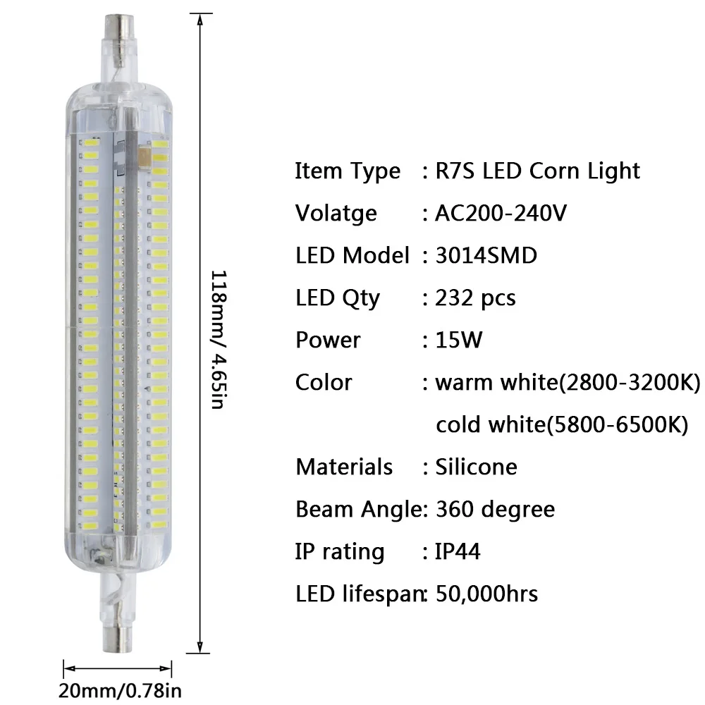 Силиконовый R7S светодиодный светильник переменного тока 220 в 240 В кукурузная лампа 78 мм 118 мм светильник SMD 3014 лампа 10 Вт 15 Вт Замена галогенов Bombillas 360 градусов