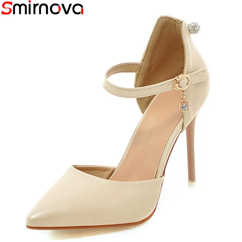 

Smirnova big size 33-45 2018 hot sale pointed toe women pumps stiletto high heels solid color ankle strap wedding shoes