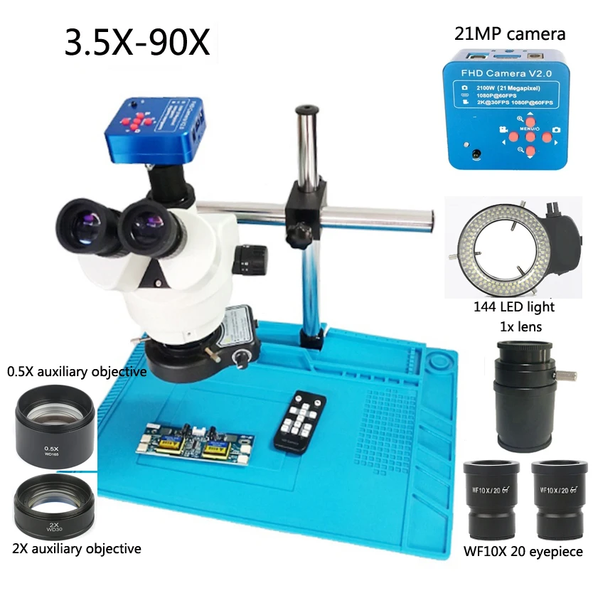 

3.5-90X/ 7X-45X Trinocular Stereo Microscope + 1080P 21MP HDMI USB Digital Video Microscope Camera + 144 LED Lights + Pad