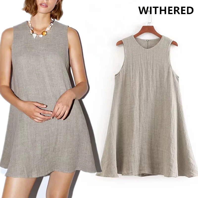 

Withered party dress women england simple khaki solid linen sleeveless vestidos summer dress mini dress 2 piece set plus size