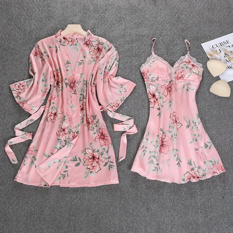 

pink Spring NEW Womens 2pcs Robe Suit Sleepwear Casual Home Wear Pajamas Sexy Strap Nightwear Sleep Kimono Bath Gown Sets