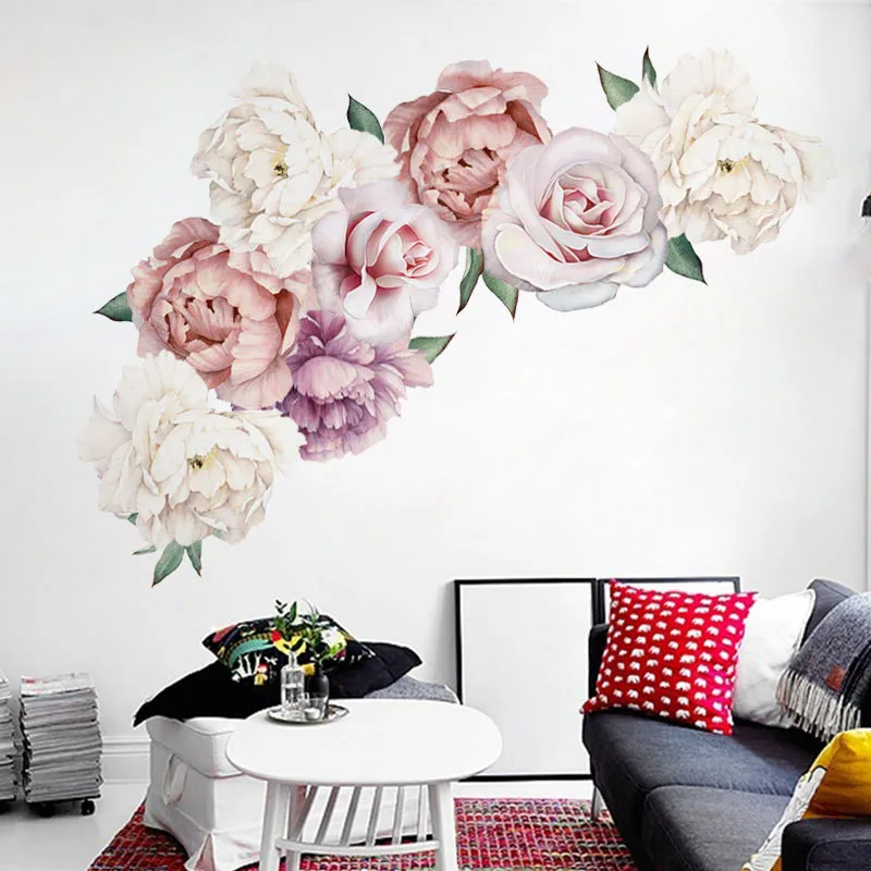Grand stickers muraux en fleur pivoine rose, 71,5x102 cm, papier-peint  auto-adhésif en vinyle