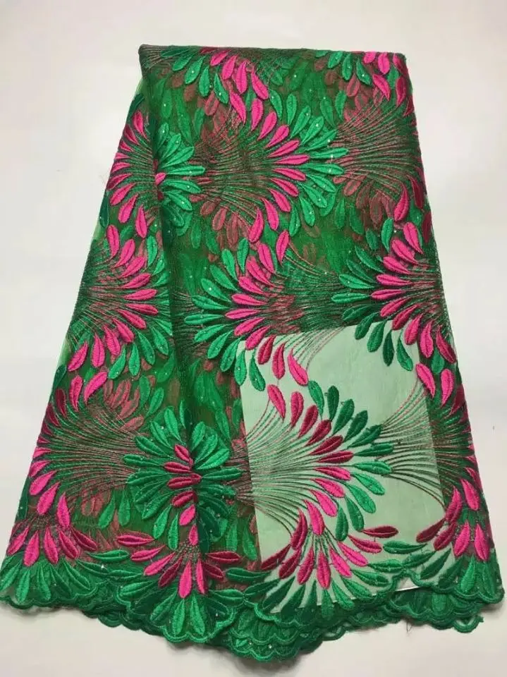 

5 Yards/pc Hot sale green and fuchsia pteris design french net lace embroidery african mesh lace fabric for dress JY3-2