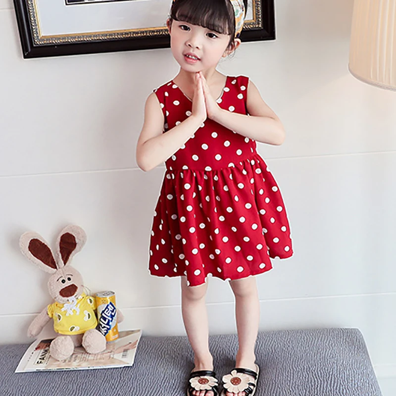 

Summer New Fashion Korean Style Dot Pattern Sleeveless Red Girl Dress