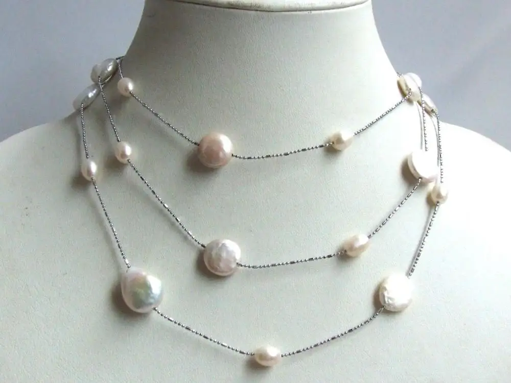 

48 white coin freshwater pearl chain necklace 12MM 5-6mm