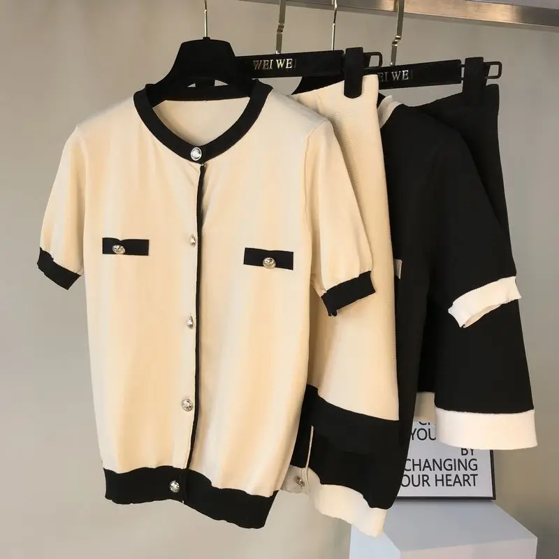 

Amolapha Women Single Button Knitting Tops Sweaters+Mini Skirts 2PCS Set Knitted Short Sleeve Tops+Skirt Clothing Suits
