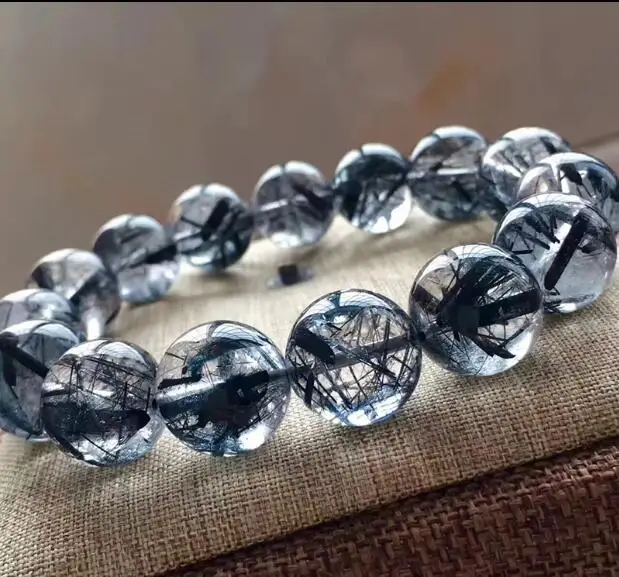 

fine jewelry Natural Bracelet Crystal Black Hair Rutilated Quartz Beads AAA 10-14mm free shipping