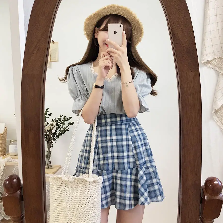 Летние мини-юбки с рюшами, популярная женская дизайнерская одежда в Корейском стиле в японском стиле милая синяя и красная клетчатая юбка для девочек с высокой талией, 6526